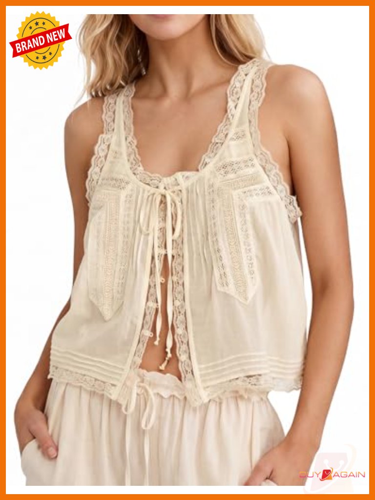 Boho Lace Tie Front Tank Crop Top Button Down Sleeveless Cardigan